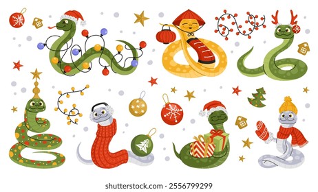 Cute green and gray Christmas snakes set. Symbol of 2025 New Year wear xmas knit sweater and cup. Reptile wear deer antlers, earmuffs. Isolated vector illustration on white background