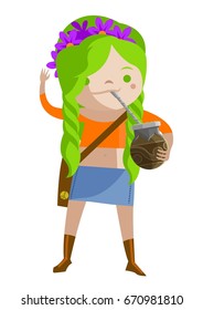 cute green hair girl drinking yerba mate traditional argentina green tea