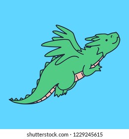Cute green handdrawn dragon flying up