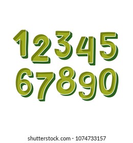 Cute green Handdrawn numbers set for kids made in vector. Doodle math elements from 0 to 9. Isolated characters. 