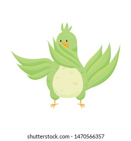 Cute green happy parrot is dancing at modern song