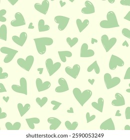 Cute green hearts on cream background, Heart seamless pattern.  Valentine's day texture, Print for wrapping paper or fabric.