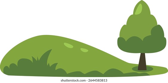Colina verde linda con un solo árbol, ideal para el paisaje del parque, los fondos naturales, los paisajes respetuosos del medio ambiente, las imágenes del ambiente al aire libre, la decoración del jardín, y los Elementos de diseño de la naturaleza.