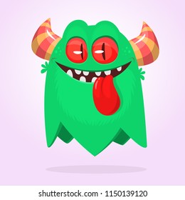 Cute green horned cartoon monster. Funny flying monster showing tongue. Halloween vector illustration