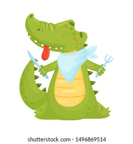 Cute green humanized crocodile is getting ready for dinner. Vector illustration on a white background.