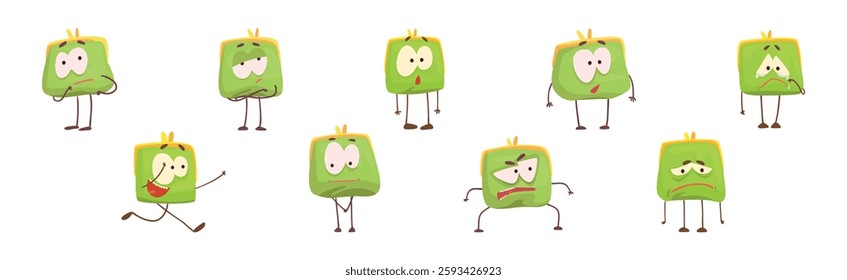 Cute Green Humanized Purse with Funny Face Vector Set