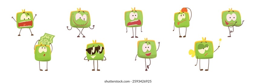 Cute Green Humanized Purse with Funny Face Vector Set