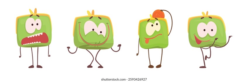 Cute Green Humanized Purse with Funny Face Vector Set