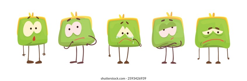 Cute Green Humanized Purse with Funny Face Vector Set