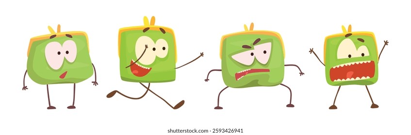 Cute Green Humanized Purse with Funny Face Vector Set