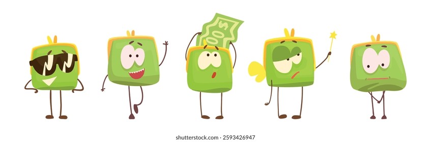 Cute Green Humanized Purse with Funny Face Vector Set