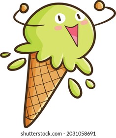 Cute green ice cream cone character laughing happily