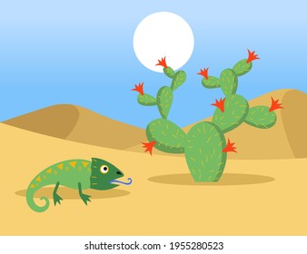 Cute green iguana and cactus in desert. Sand, sun, sky flat vector illustration. Desert animals and plants concept for banner, website design or landing web page