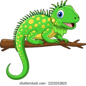 Ilustración de caricatura de iguana verde lindo con expresión facial sonriente