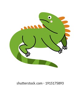 Cute green iguana isolated on white background. Cartoon vector illustration.