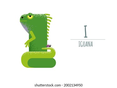 a cute green iguana and small beetle its tail  iguana in the form letter    I 
children's alphabet  poster  postcard 