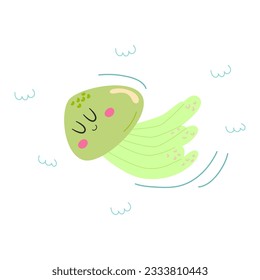 Cute green jellyfish character with face floating. Sea animal colorful design for kids, print in cartoon flat style. Vector stock illustration isolated on white background