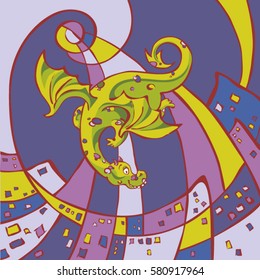 Cute green joyful little dragon flying over the night city in the moonlight. Vector hand-drawn cartoon funny emotional character illustration.