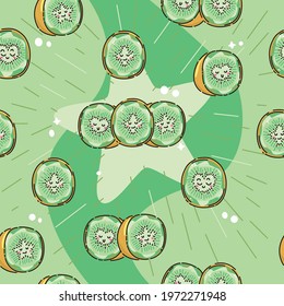 Cute, green kawaii anthropomorphic cartoon Kiwi seamless pattern with a wavy starburst background. Great for Spring or Summer fabric, scrap-booking, gift-wrap, wallpaper, product design. Vector