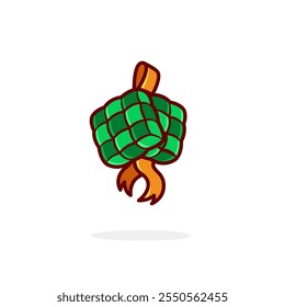 Cute Green Ketupat Food Icon. with cartoon design style isolated. Perfect for Ramadhan, Eid mubarak, or Islamic Event.