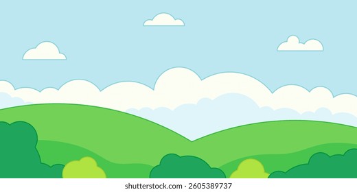 Cute green landscape. Summer flat scenery with cloud sky, meadow, flowers and bushes. Empty nature scene with greenery