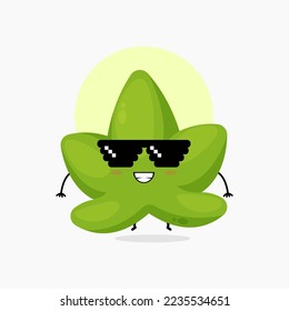 cute green leaf character with pixel glasses