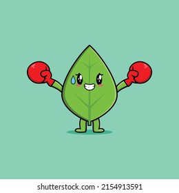 Cute Green leaf mascot cartoon playing sport with boxing gloves and cute stylish design 