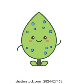 Cute Green Leaf Mascot Character with Blue Dew Drops Waving, Fresh Nature Vector Illustration