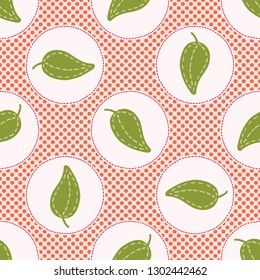 Cute green leaf polka dot vector illustration. Seamless repeating pattern. Hand drawn kawaii leaves foliage background. 1950's style retro nature all over print, textiles, home decor. 