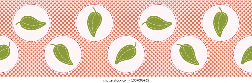 Cute green leaf polka dot vector illustration. Seamless repeating border pattern. Hand drawn kawaii leaves foliage background. 1950's style retro nature banner ribbon, textiles, home decor. 