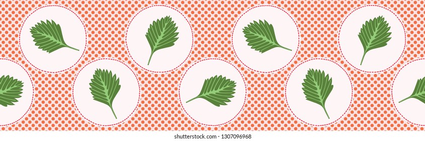Cute green leaf polka dot vector illustration. Seamless repeating border pattern. Hand drawn kawaii leaves foliage background. 1950's style retro nature banner ribbon, textiles, home decor. 