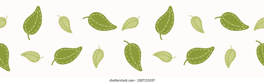 Cute green leaf polka dot vector illustration. Seamless repeating border pattern. Hand drawn kawaii leaves foliage background. 1950's style retro nature banner ribbon, textiles, home decor.