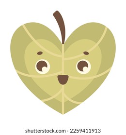 A cute green leaf in the shape of a heart. Funny character for festive design of greeting cards and packaging of children's products. Kawaii mascot for Valentine's Day