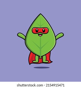 Cute green leaf superhero character flaying illustration cartoon vector in concept 3d modern style