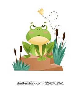 Cute Green Leaping Frog Character Sitting on Stone and Watching Fly Vector Illustration