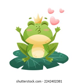 Cute Green Leaping Frog Character Sitting on Lily Pad in Crown and Kissing Vector Illustration