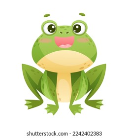 Cute Green Leaping Frog Character Sitting and Smiling Vector Illustration