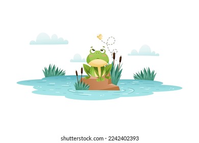 Personaje de sapo verde picante sentado en piedra en estanque y viendo la ilustración del vector de vuelo