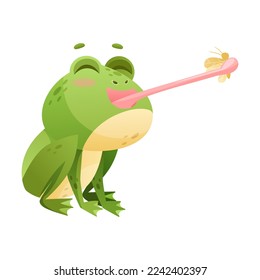 Cute Green Leaping Frog Character Catching Fly with Its Tongue Vector Illustration
