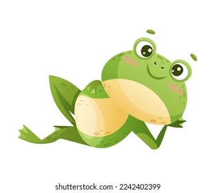 Cute Green Leaping Frog Character Lying and Smiling Vector Illustration