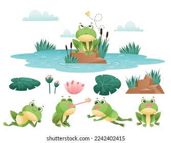 Cute Green Leaping Frog Character in Pond with Water Lily and Reed Vector Set