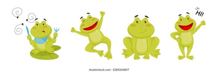 Cute Green Leaping Frog Character Engaged in Different Activity Vector Set