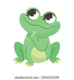 Cute Green Leaping Frog Character Sitting and Thinking Vector Illustration