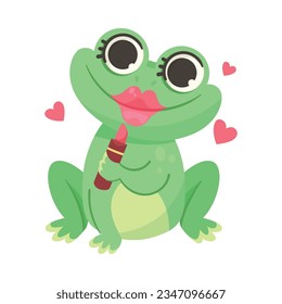 Cute Green Leaping Frog Character Sitting with Lipstick Vector Illustration