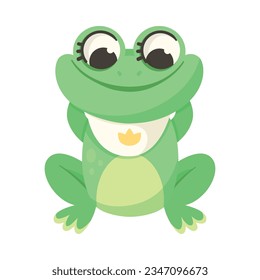 Cute Green Leaping Frog Character Sitting with Bib Vector Illustration
