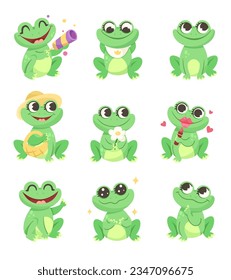 Cute Green Leaping Frog Character Sitting and Smiling Vector Illustration Set
