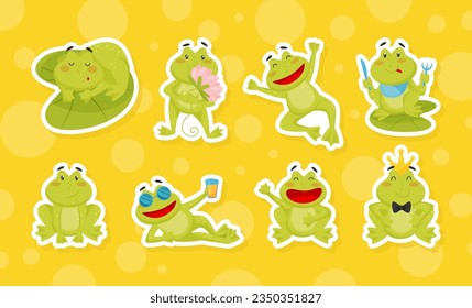 Cute Green Leaping Frog Character Vector Sticker Set