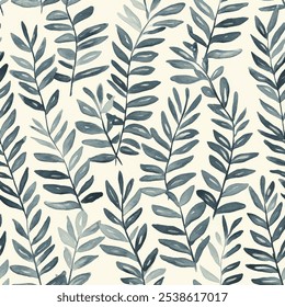 Cute green leave seamless watercolor pattern on cream background. Flower vector illustration. Watercolor print in rustic vintage style, textile or wallpapers.
