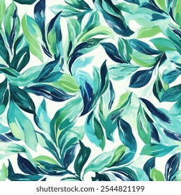 Cute green leave seamless watercolor pattern on white background. Flower vector illustration. Watercolor print in rustic vintage style, textile or wallpapers.