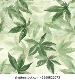 Cute green leave seamless watercolor pattern background. Leave vector illustration. Watercolor print in rustic vintage style, textile or wallpapers.